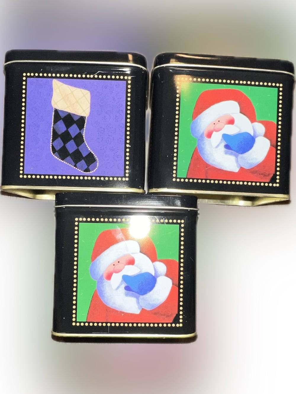 🔴Holiday Santa Stocking Snowman Christmas Tree Decorative Tins Square Cubes 3 PC
